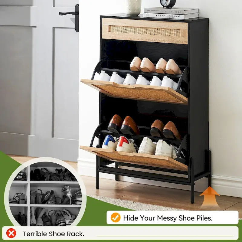 Meuble à chaussures en rotin naturel avec 2 portes abattantes et 1 tiroir