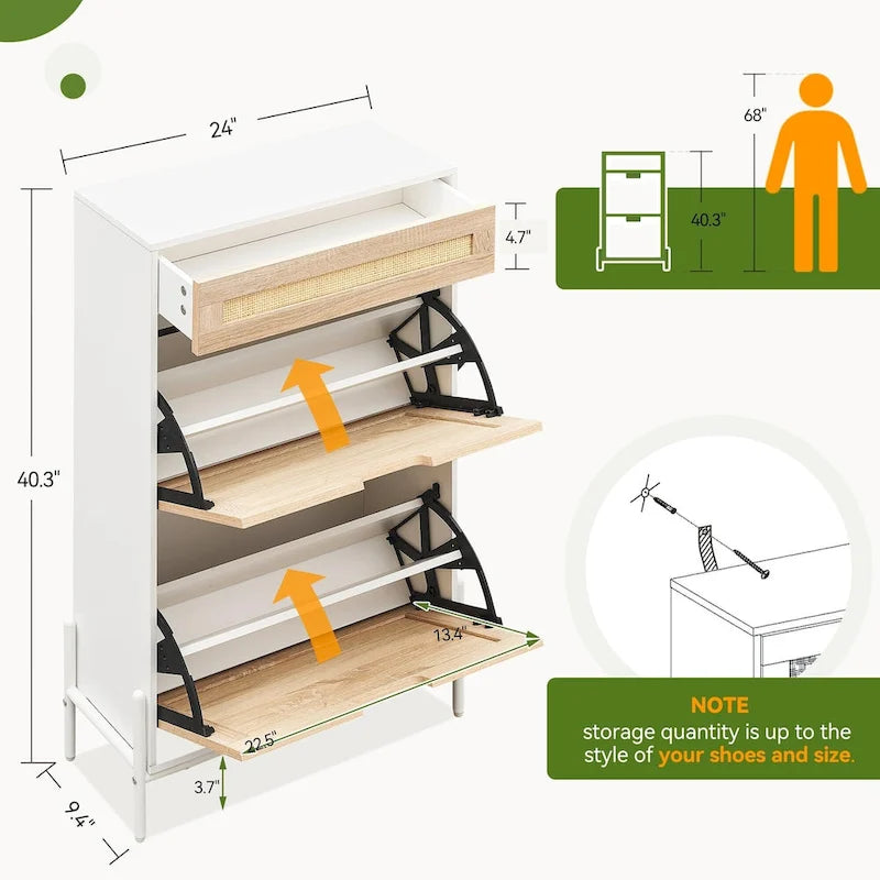 Meuble à chaussures en rotin naturel avec 2 portes abattantes et 1 tiroir