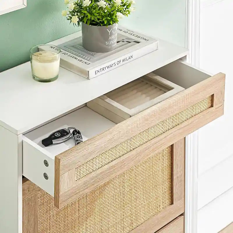 Meuble à chaussures en rotin naturel avec 2 portes abattantes et 1 tiroir