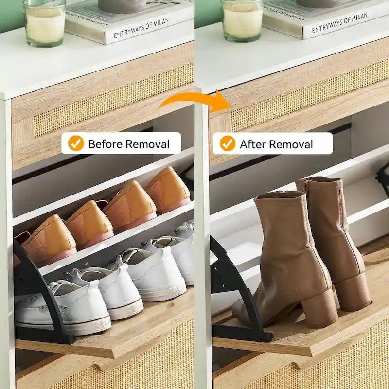 Meuble à chaussures en rotin naturel avec 2 portes abattantes et 1 tiroir