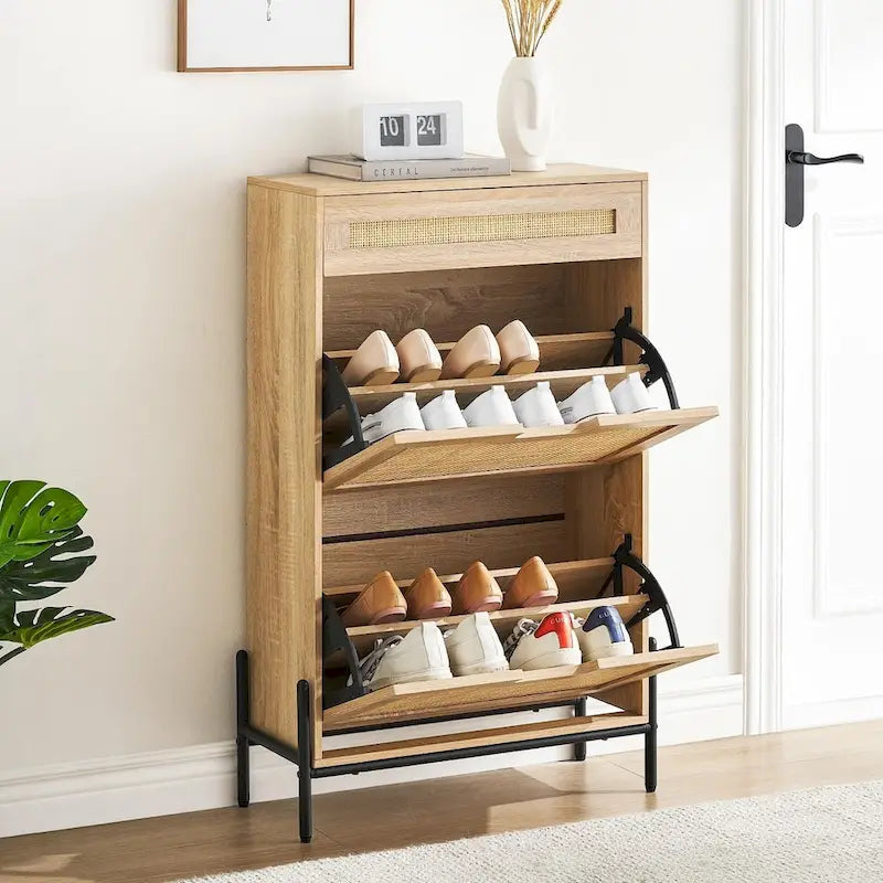 Meuble à chaussures en rotin naturel avec 2 portes abattantes et 1 tiroir