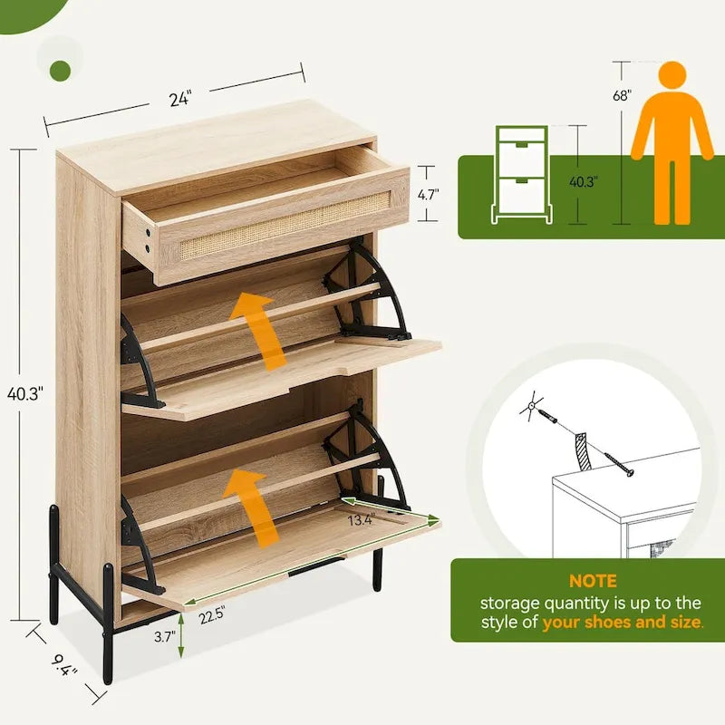 Meuble à chaussures en rotin naturel avec 2 portes abattantes et 1 tiroir