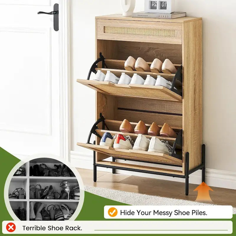 Meuble à chaussures en rotin naturel avec 2 portes abattantes et 1 tiroir