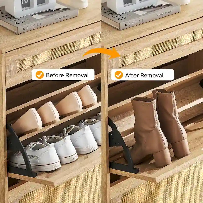 Meuble à chaussures en rotin naturel avec 2 portes abattantes et 1 tiroir