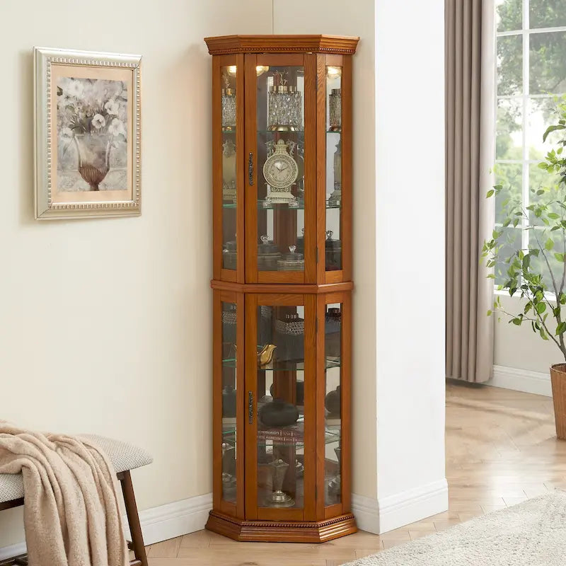 Vitrine d’angle avec éclairage, étagères en verre trempé réglables, fond miroir, meuble d’exposition