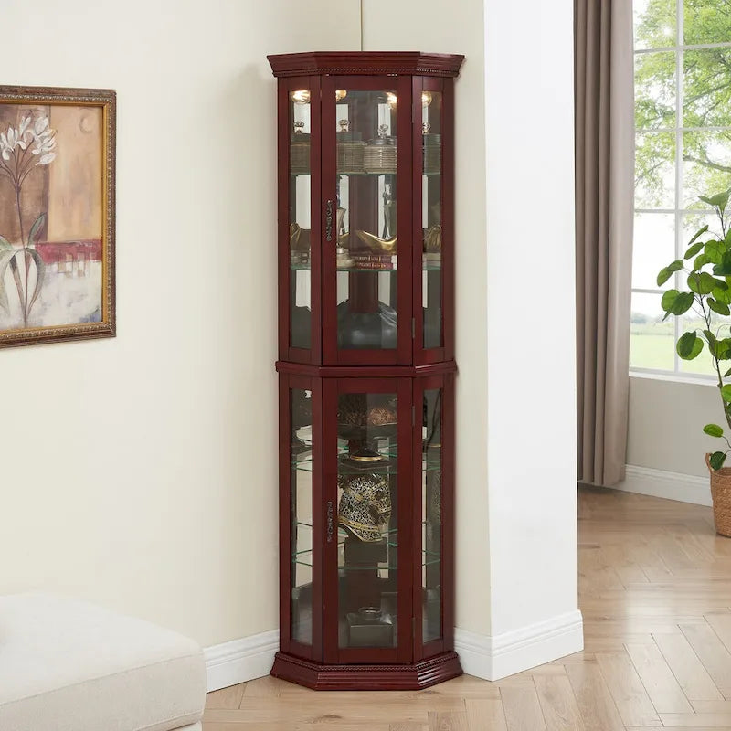 Vitrine d’angle avec éclairage, étagères en verre trempé réglables, fond miroir, meuble d’exposition
