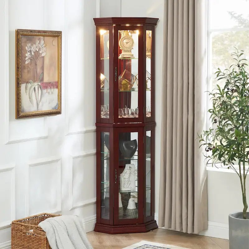 Vitrine d’angle avec éclairage, étagères en verre trempé réglables, fond miroir, meuble d’exposition