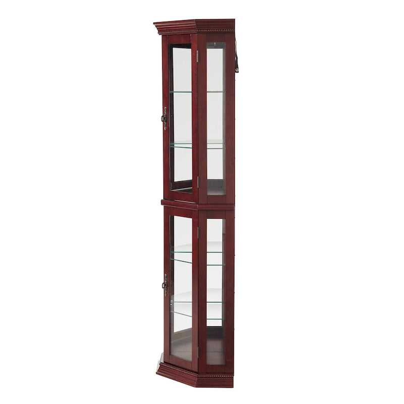 Vitrine d’angle avec éclairage, étagères en verre trempé réglables, fond miroir, meuble d’exposition