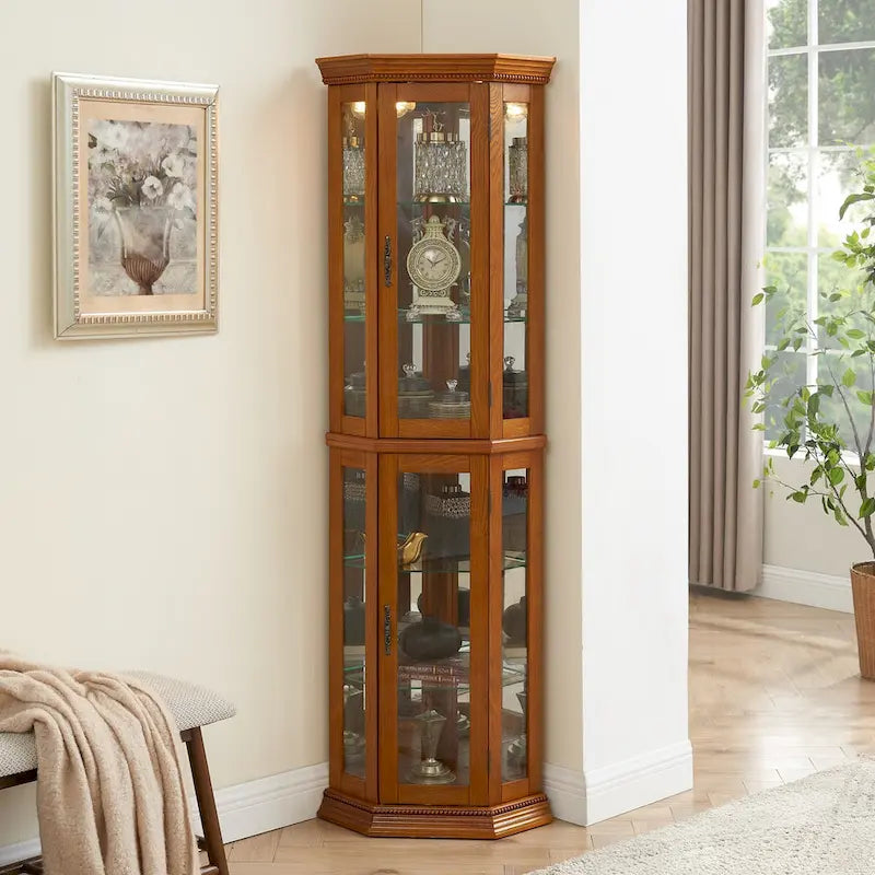 Vitrine d’angle avec éclairage, étagères en verre trempé réglables, fond miroir, meuble d’exposition
