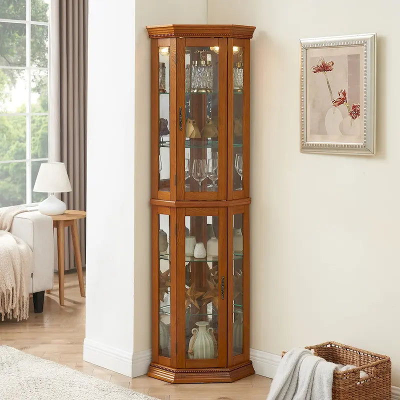 Vitrine d’angle avec éclairage, étagères en verre trempé réglables, fond miroir, meuble d’exposition