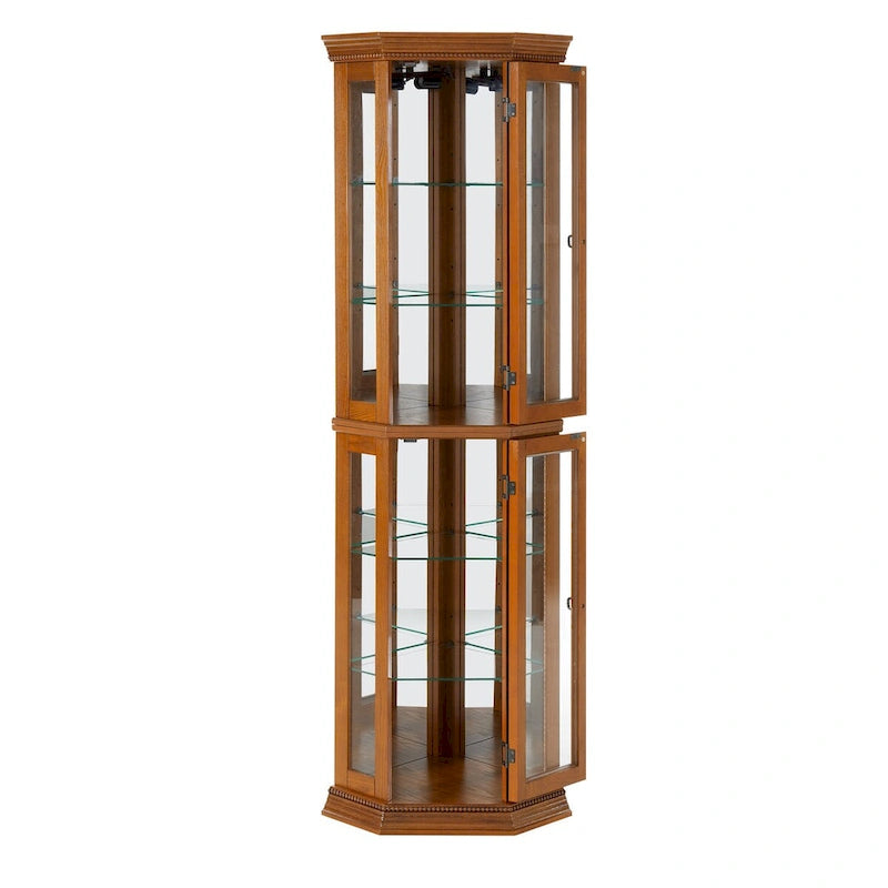 Vitrine d’angle avec éclairage, étagères en verre trempé réglables, fond miroir, meuble d’exposition