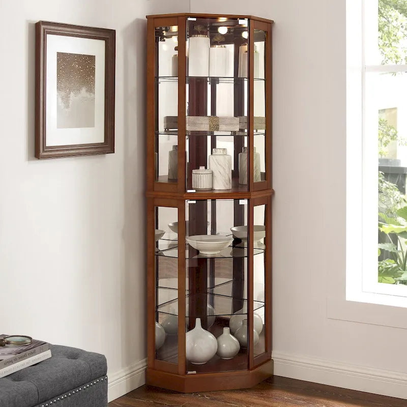 Vitrine d’angle à 6 étagères avec éclairage, miroirs et étagères réglables, noyer