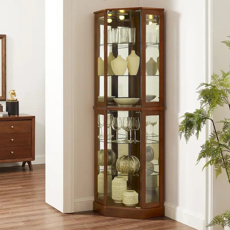 Vitrine d’angle à 6 étagères avec éclairage, miroirs et étagères réglables, noyer