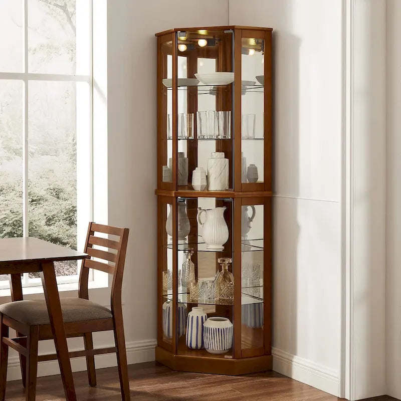 Vitrine d’angle à 6 étagères avec éclairage, miroirs et étagères réglables, noyer