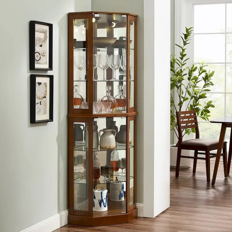Vitrine d’angle à 6 étagères avec éclairage, miroirs et étagères réglables, noyer