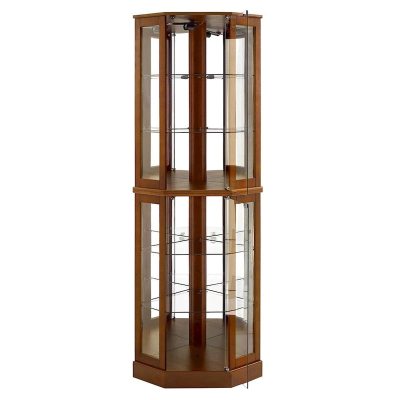 Vitrine d’angle à 6 étagères avec éclairage, miroirs et étagères réglables, noyer