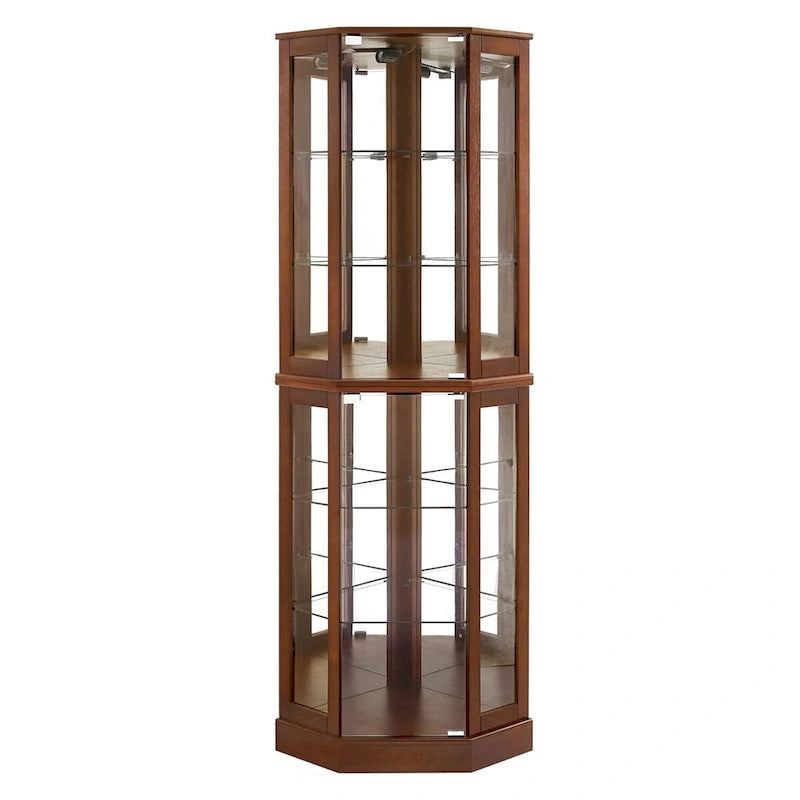 Vitrine d’angle à 6 étagères avec éclairage, miroirs et étagères réglables, noyer