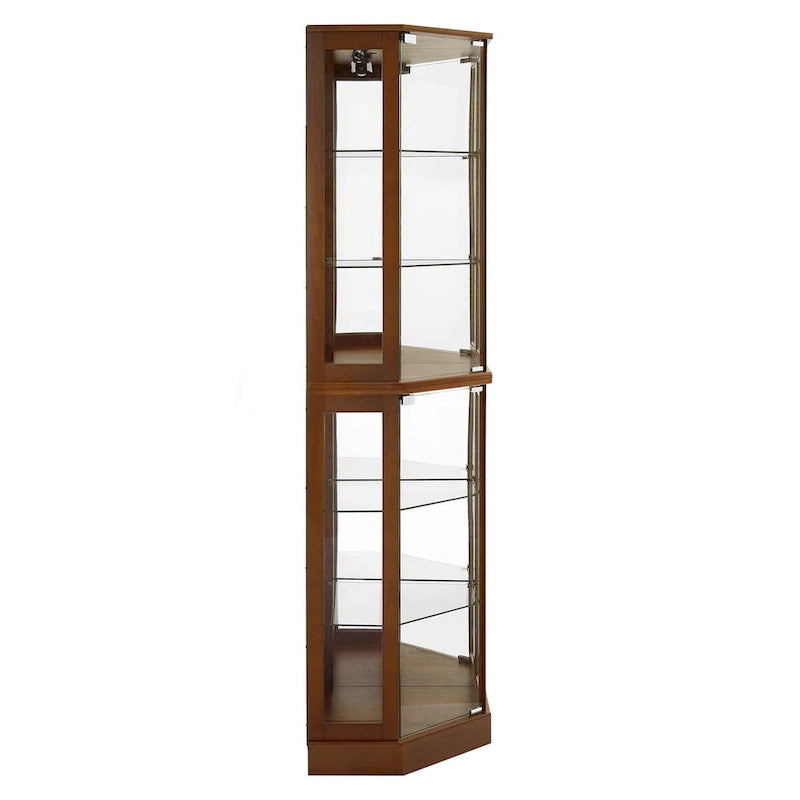 Vitrine d’angle à 6 étagères avec éclairage, miroirs et étagères réglables, noyer