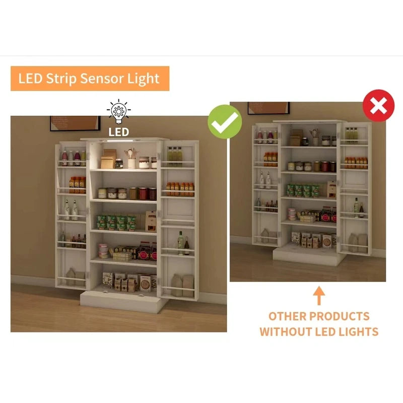Meuble de rangement de cuisine autoportant avec éclairage LED, 2 portes et étagères - N/A