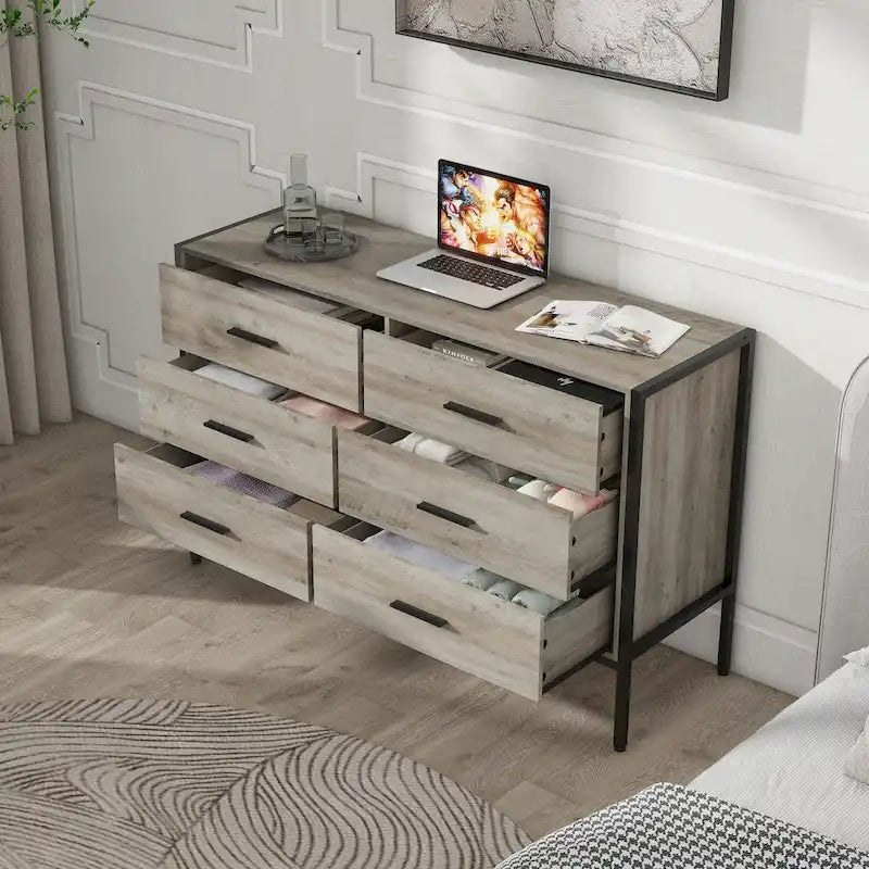 Commode en bois à 6 tiroirs, meuble à vêtements avec cadre en acier robuste, 48.58W15.75D31.22H, 48 pouces, gris rustique