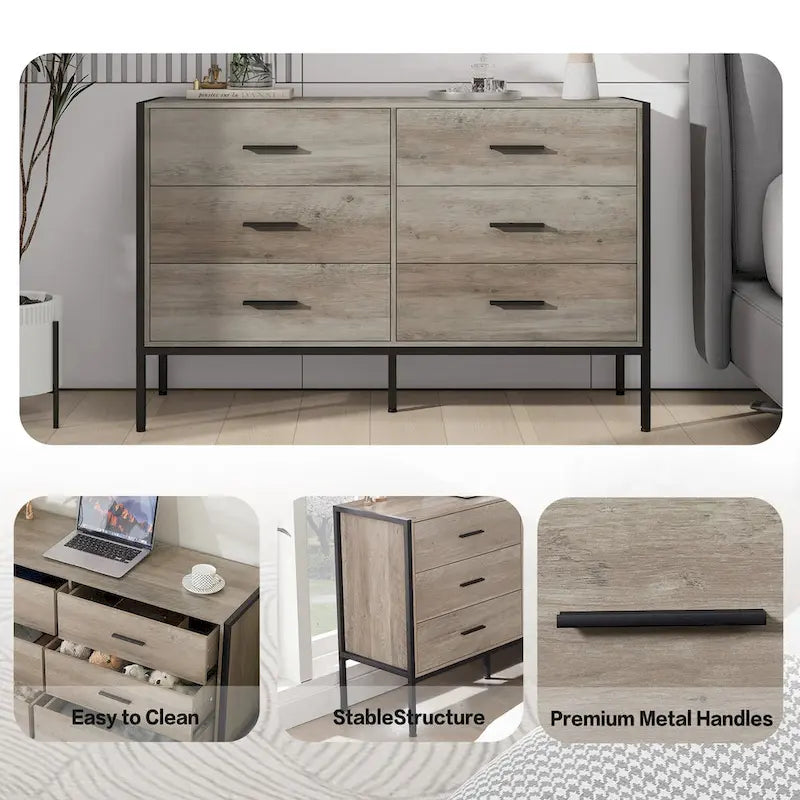 Commode en bois à 6 tiroirs, meuble à vêtements avec cadre en acier robuste, 48.58W15.75D31.22H, 48 pouces, gris rustique