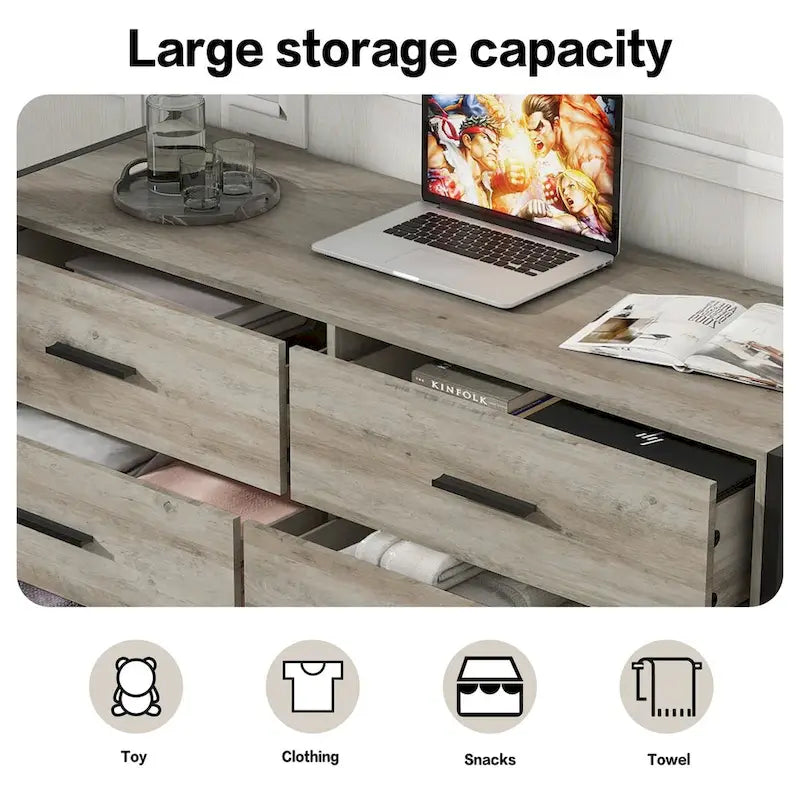 Commode en bois à 6 tiroirs, meuble à vêtements avec cadre en acier robuste, 48.58W15.75D31.22H, 48 pouces, gris rustique