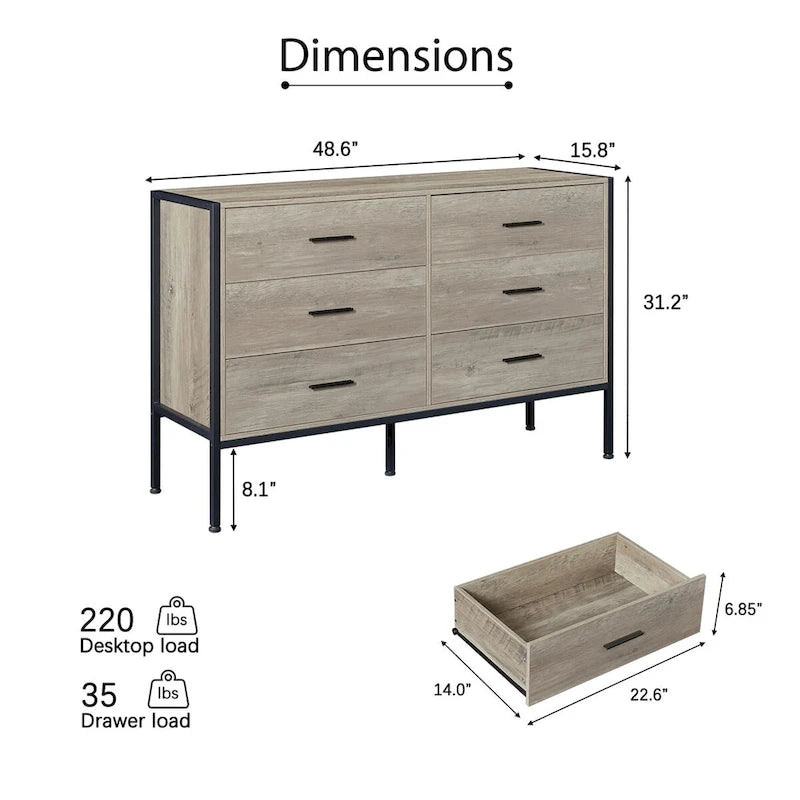 Commode en bois à 6 tiroirs, meuble à vêtements avec cadre en acier robuste, 48.58W15.75D31.22H, 48 pouces, gris rustique
