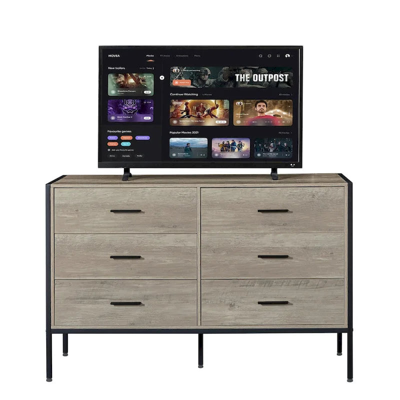 Commode en bois à 6 tiroirs, meuble à vêtements avec cadre en acier robuste, 48.58W15.75D31.22H, 48 pouces, gris rustique