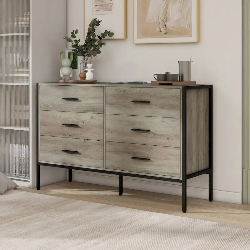 Commode en bois à 6 tiroirs, meuble à vêtements avec cadre en acier robuste, 48.58W15.75D31.22H, 48 pouces, gris rustique