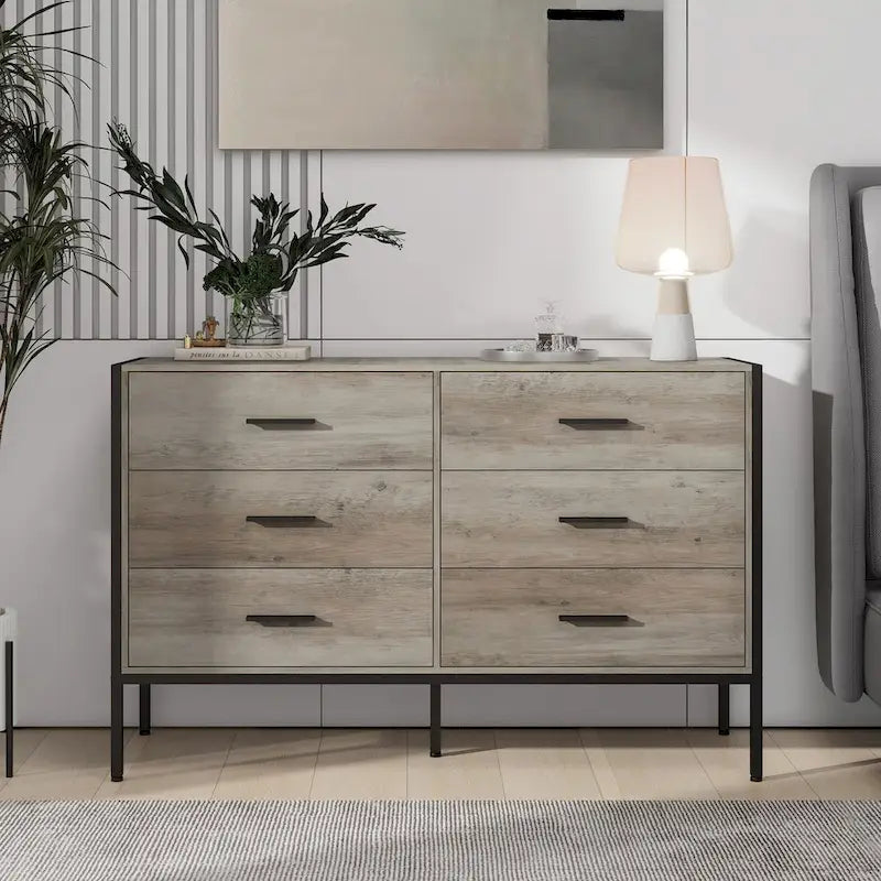 Commode en bois à 6 tiroirs, meuble à vêtements avec cadre en acier robuste, 48.58W15.75D31.22H, 48 pouces, gris rustique