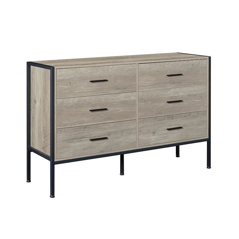 Commode en bois à 6 tiroirs, meuble à vêtements avec cadre en acier robuste, 48.58W15.75D31.22H, 48 pouces, gris rustique