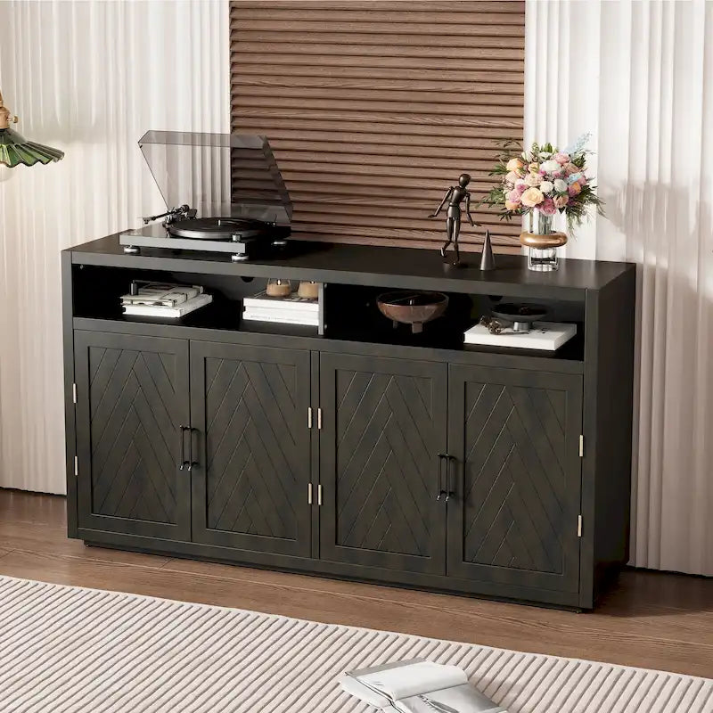 Modernes klassisches Sideboard mit 4 Türen, offenem Stauraum und verstellbaren Einlegeböden