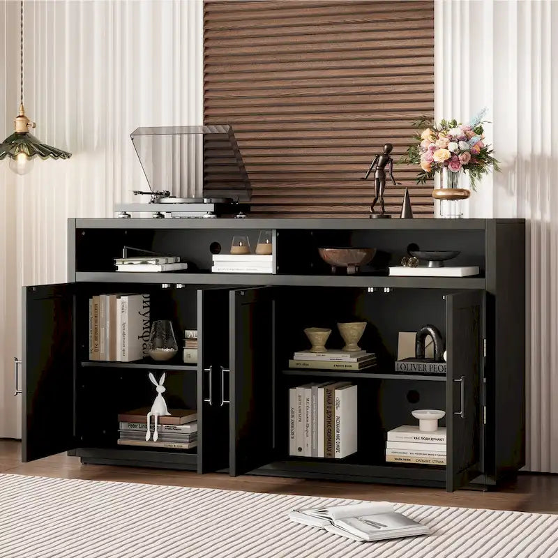 Modernes klassisches Sideboard mit 4 Türen, offenem Stauraum und verstellbaren Einlegeböden