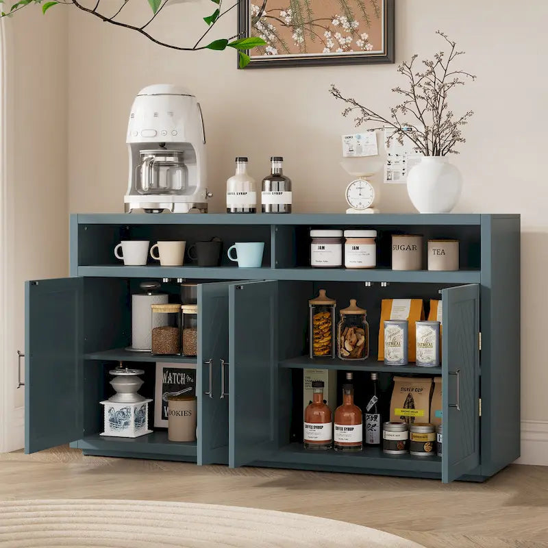 Modernes klassisches Sideboard mit 4 Türen, offenem Stauraum und verstellbaren Einlegeböden