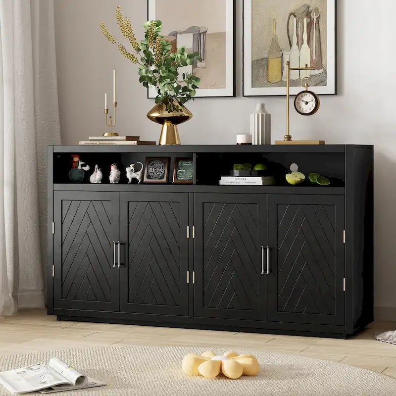 Modernes klassisches Sideboard mit 4 Türen, offenem Stauraum und verstellbaren Einlegeböden