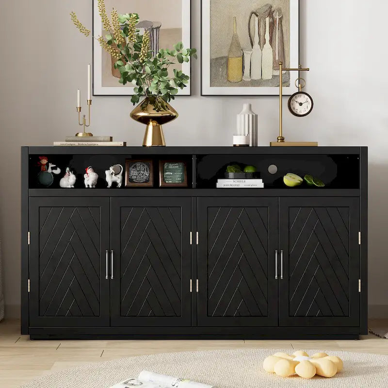 Modernes klassisches Sideboard mit 4 Türen, offenem Stauraum und verstellbaren Einlegeböden