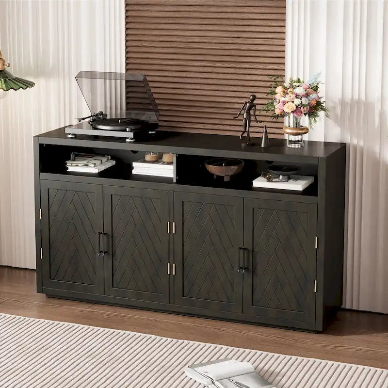 Modernes klassisches Sideboard mit 4 Türen, offenem Stauraum und verstellbaren Einlegeböden
