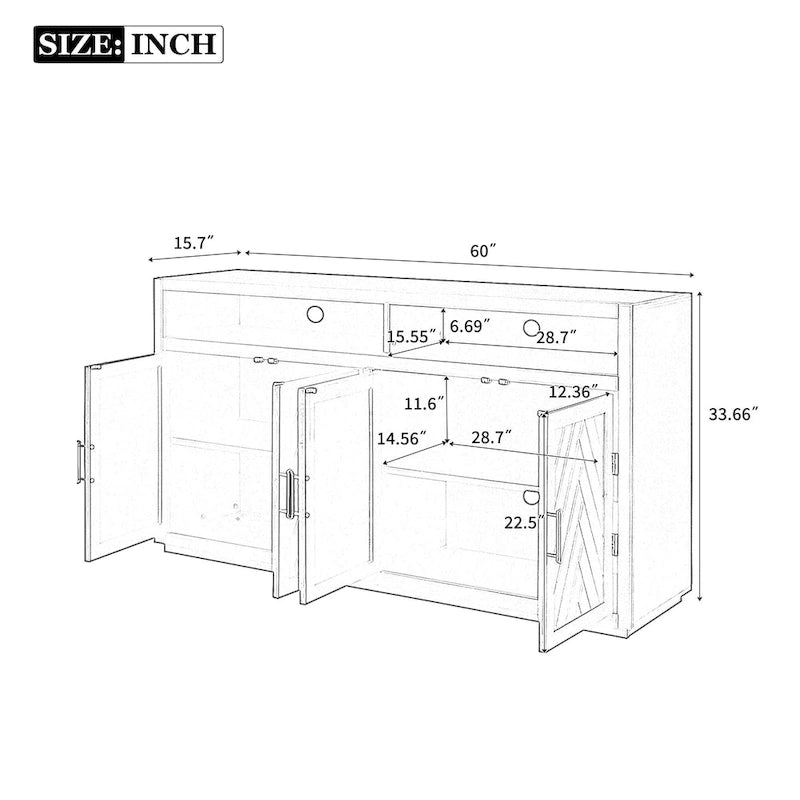 Modernes klassisches Sideboard mit 4 Türen, offenem Stauraum und verstellbaren Einlegeböden