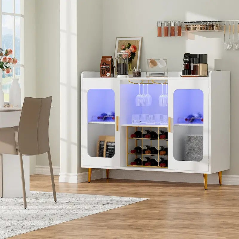 Barschrank für Spirituosen mit Steckdose und LED-Beleuchtung, Weinbuffet-Sideboard mit Wein- und Gläserhalter