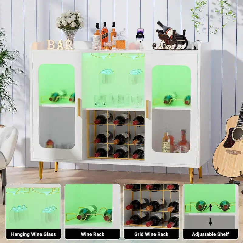 Barschrank für Spirituosen mit Steckdose und LED-Beleuchtung, Weinbuffet-Sideboard mit Wein- und Gläserhalter