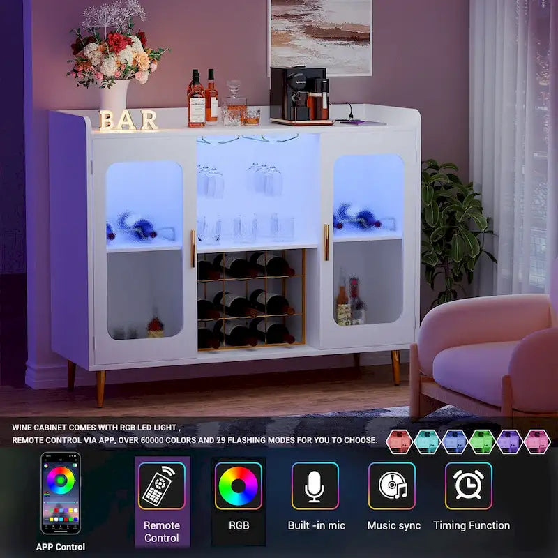 Barschrank für Spirituosen mit Steckdose und LED-Beleuchtung, Weinbuffet-Sideboard mit Wein- und Gläserhalter