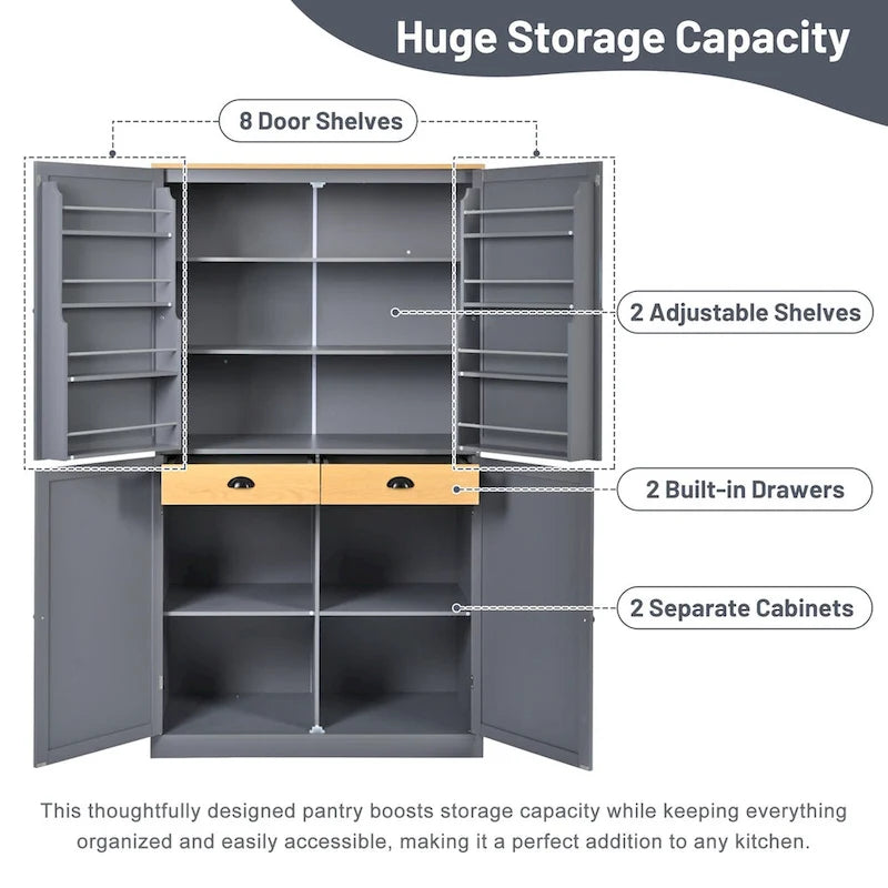 Armoire de cuisine autoportante haute de 40.2x20x71.3inch avec 2 tiroirs, 2 étagères réglables et 8 étagères de porte