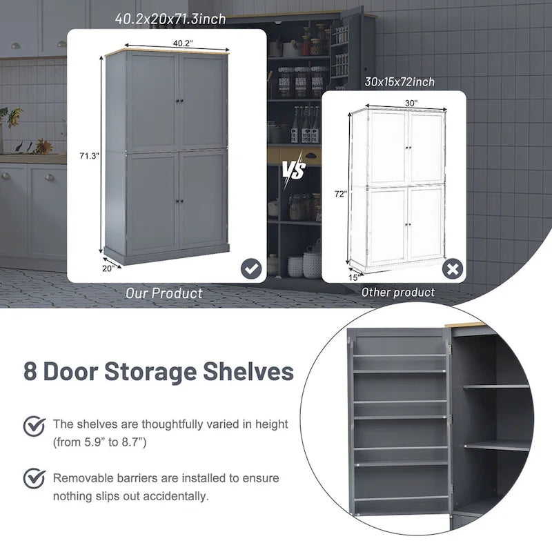 Armoire de cuisine autoportante haute de 40.2x20x71.3inch avec 2 tiroirs, 2 étagères réglables et 8 étagères de porte