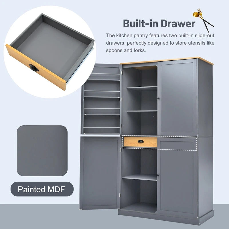 Armoire de cuisine autoportante haute de 40.2x20x71.3inch avec 2 tiroirs, 2 étagères réglables et 8 étagères de porte