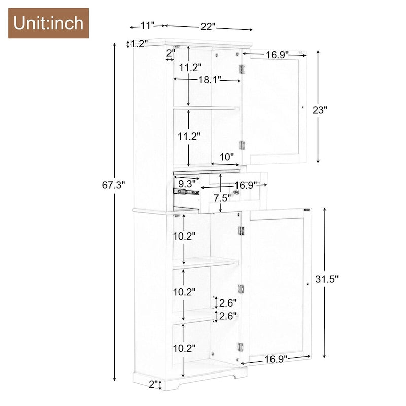Wäscheschrank mit Schublade und verstellbarem Regalboden, 22 in. B x 11 in. T x 67.3 in. H