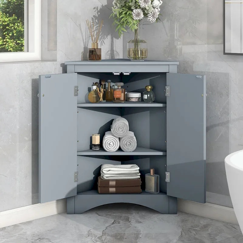 Meuble de rangement triangulaire pour salle de bains avec étagères réglables