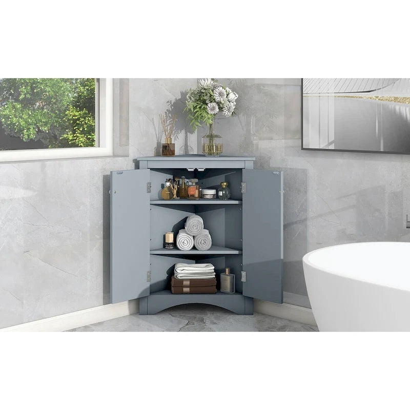 Meuble de rangement triangulaire pour salle de bains avec étagères réglables