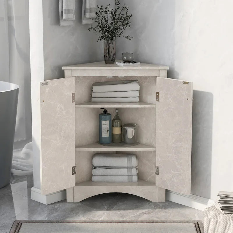 Meuble de rangement triangulaire pour salle de bains avec étagères réglables