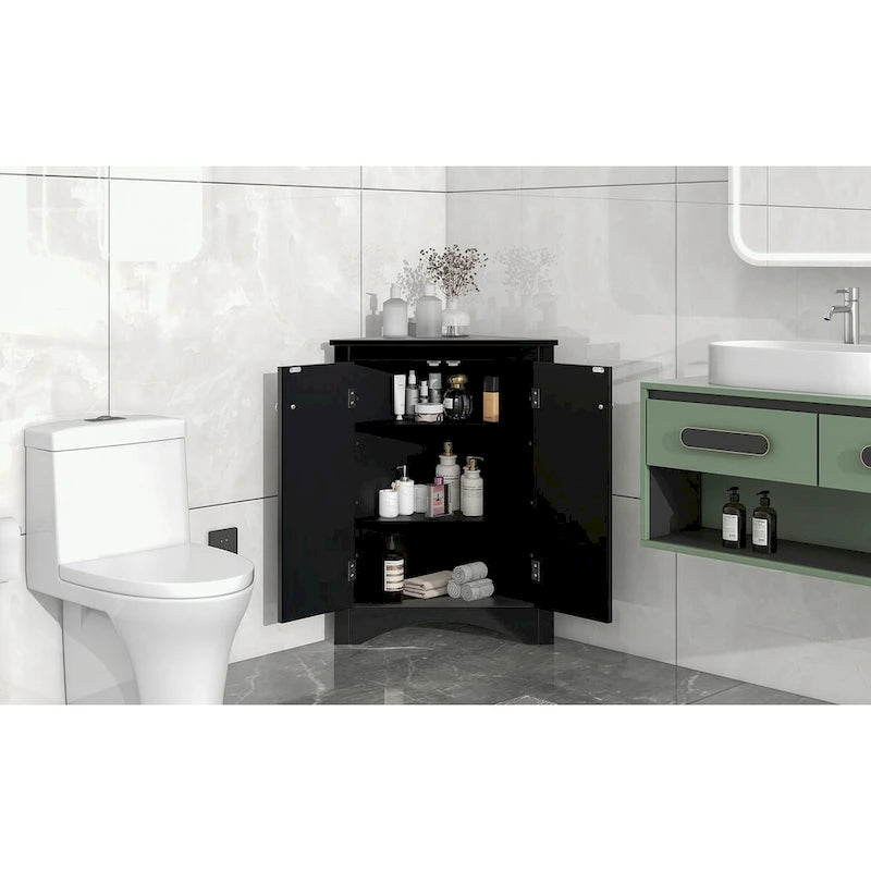 Meuble de rangement triangulaire pour salle de bains avec étagères réglables