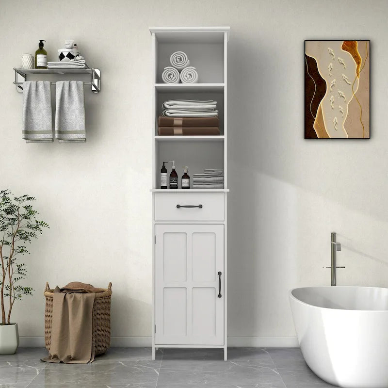 Armario de almacenamiento de madera para baño con una puerta y estantes
